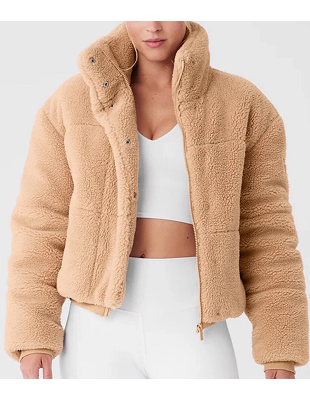 Alo Yoga Snow Angel Sherpa Puffer Jacket XS Beige Teddy Fleece Cropped